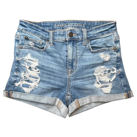 American Eagle Hi-Rise Shortie Distressed Denim Shorts Size 0 Next Level Stretch - Picture 1 of 9